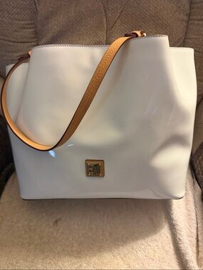 Dooney & Bourke White Patent Shoulder Bag with Tan Strap